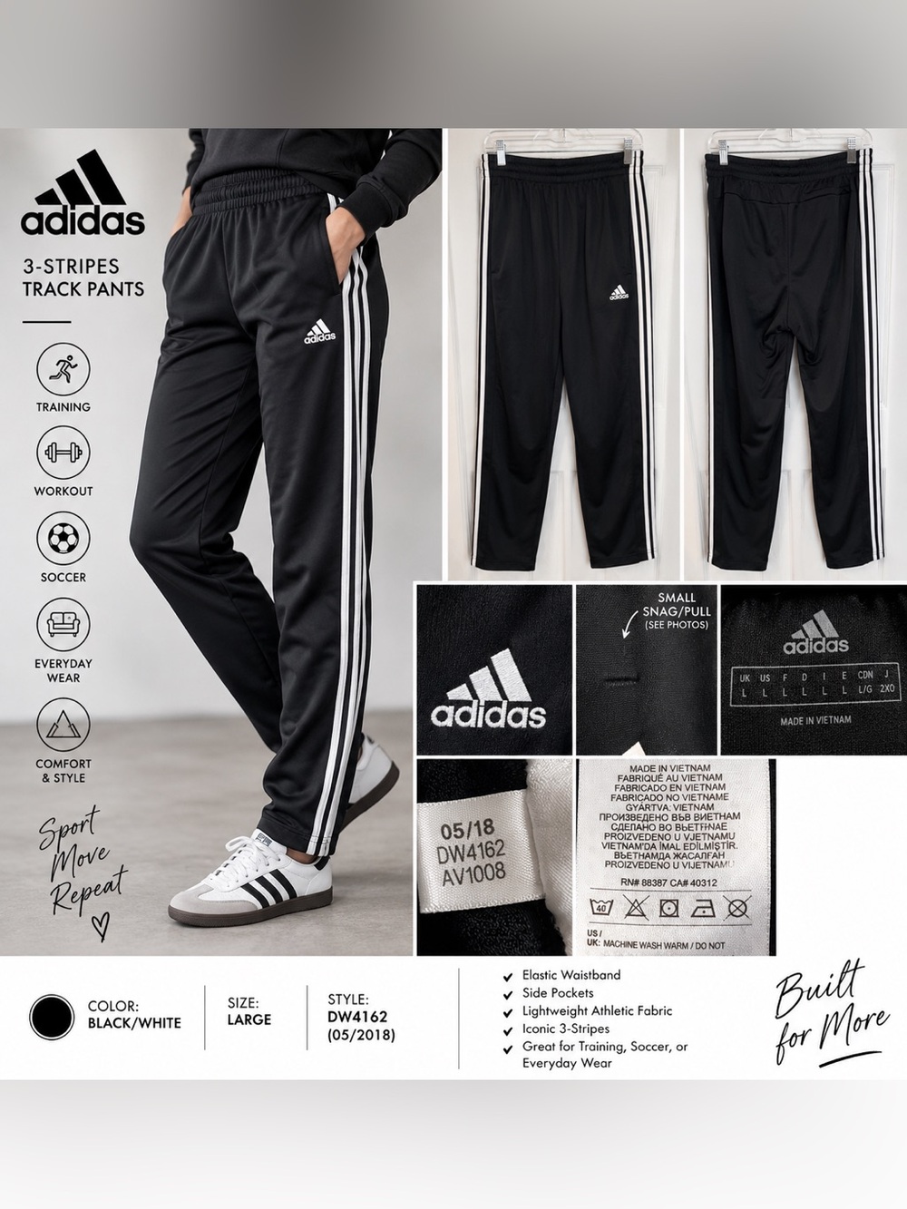 Adidas 3-Stripes Black Track Pants Size Large